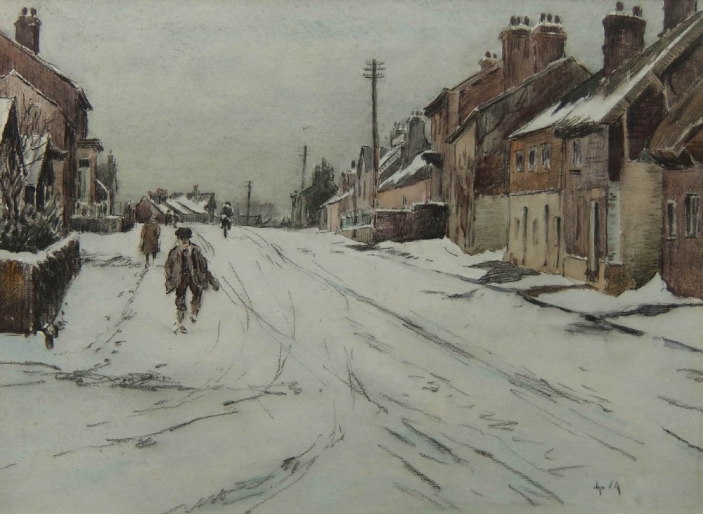 An antique watercolour painting depicting a snow-covered village street with pedestrians and traditional brick buildings under a grey sky.