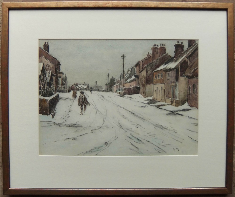 An antique watercolour painting depicting a snow-covered village street with pedestrians and traditional brick buildings under a grey sky. View II