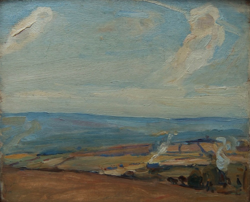 An impressionist oil painting on wood panel depicting a broad rural landscape with fields under a blue sky.