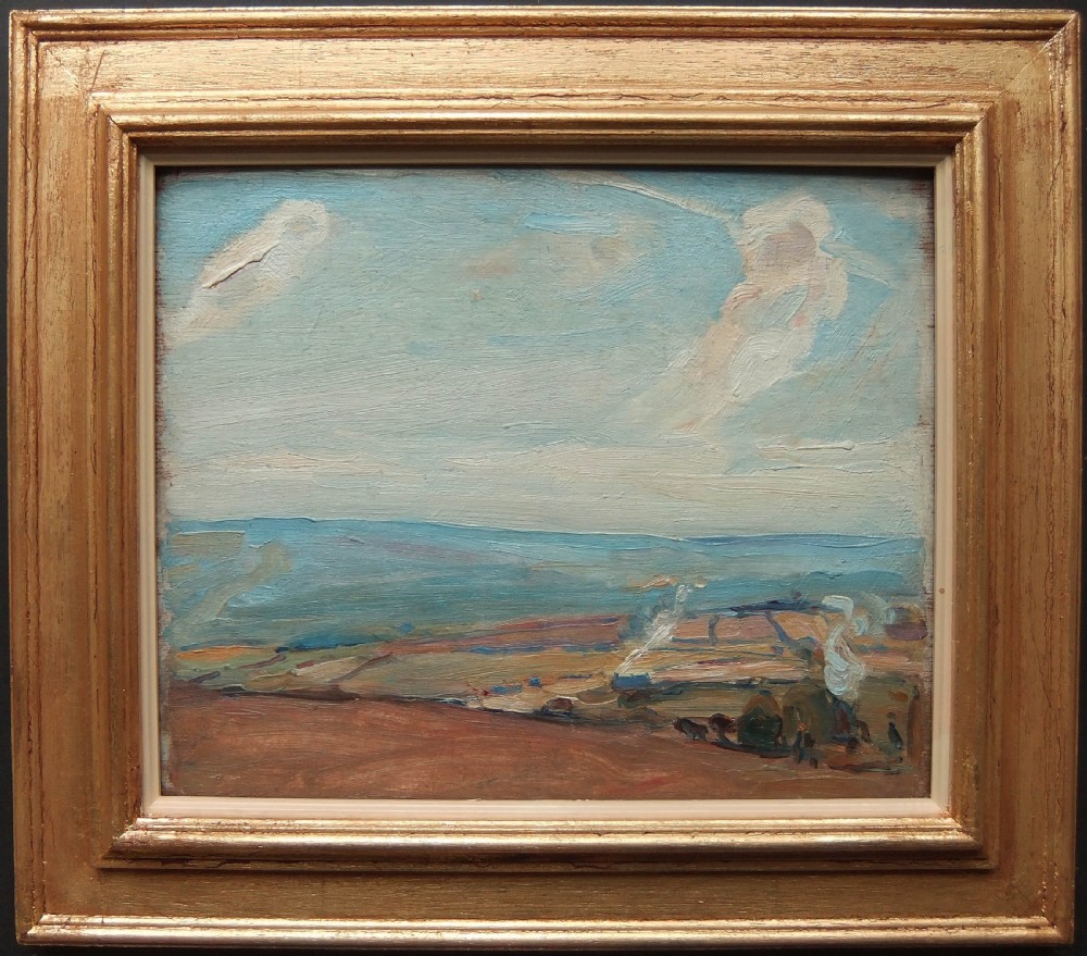 An impressionist oil painting on wood panel depicting a broad rural landscape with fields under a blue sky. View II