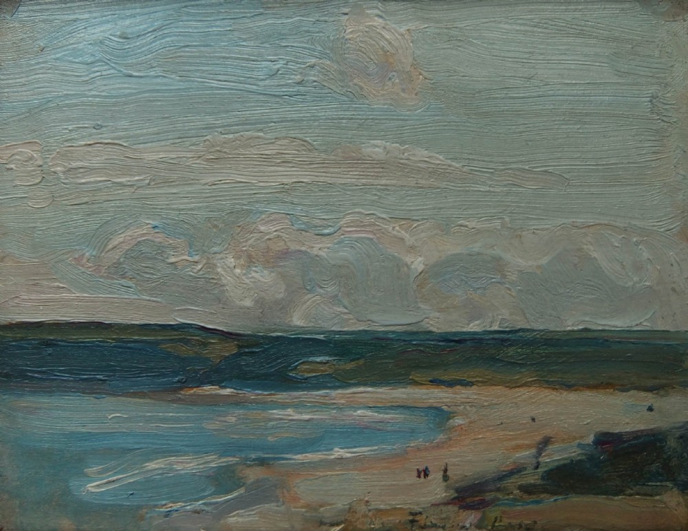 An impressionist oil painting on wood panel depicting a sandy beach, blue tide line, and textured grey cloudy sky.