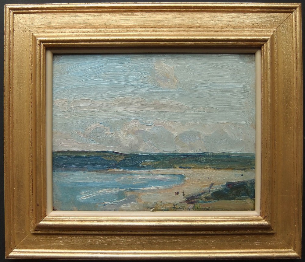 An impressionist oil painting on wood panel depicting a sandy beach, blue tide line, and textured grey cloudy sky. View II