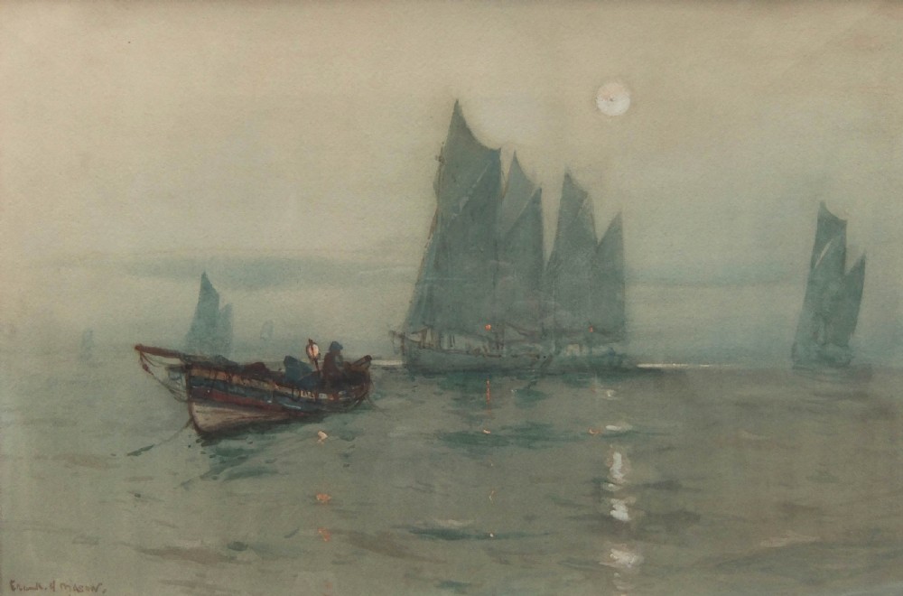 A maritime watercolour painting depicting sailing fishing drifters on calm misty waters under a pale moon.