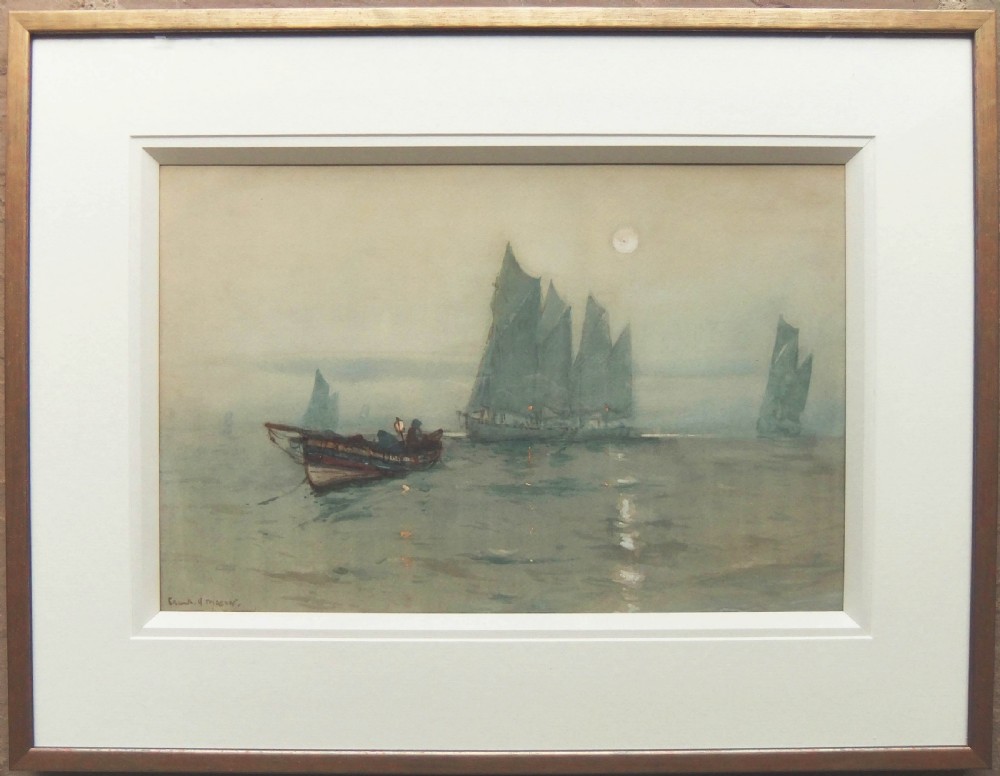 A maritime watercolour painting depicting sailing fishing drifters on calm misty waters under a pale moon. View II