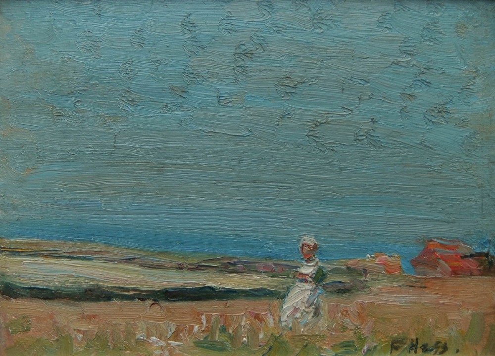 An impressionist oil painting on a wooden panel depicting a seated figure in a field under an expansive slate blue sky near coastal structures.