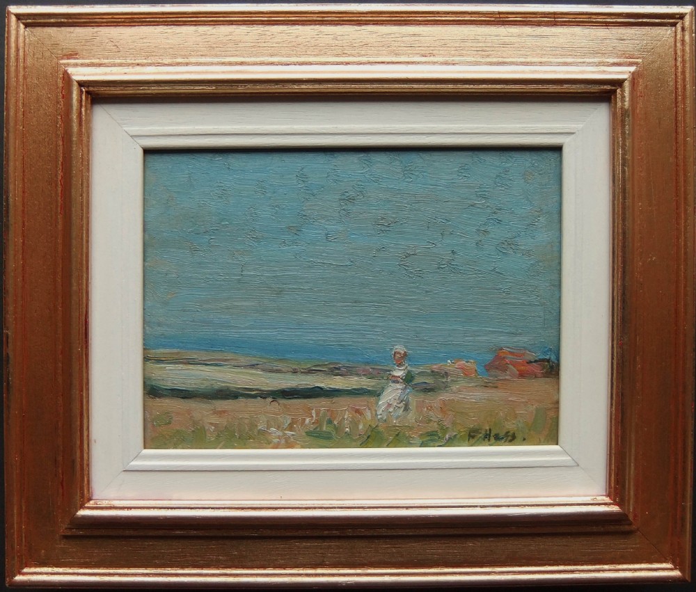 An impressionist oil painting on a wooden panel depicting a seated figure in a field under an expansive slate blue sky near coastal structures. View III
