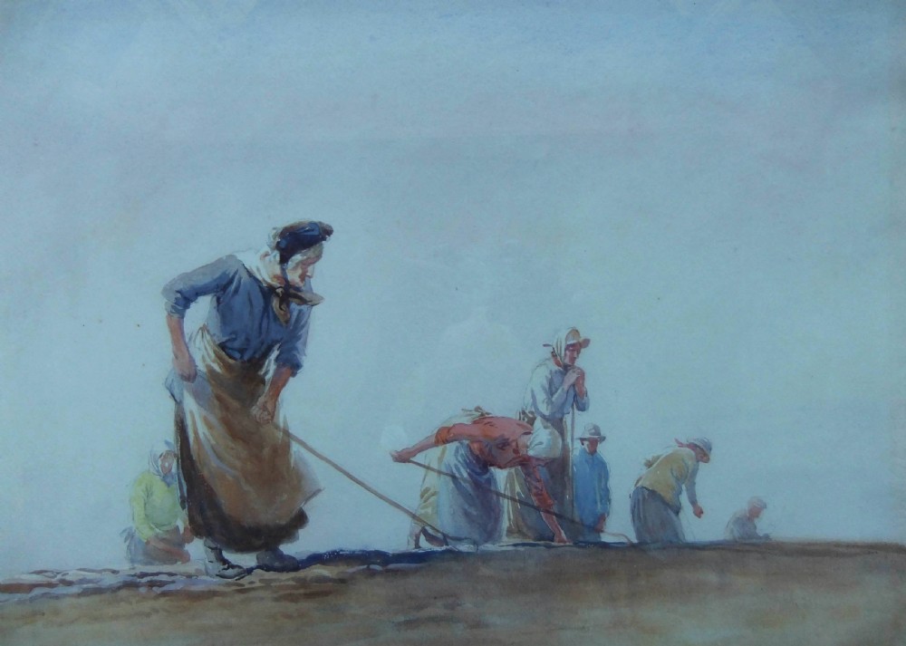 A watercolour painting depicting several farm hands in aprons working in a field under a hazy blue sky.