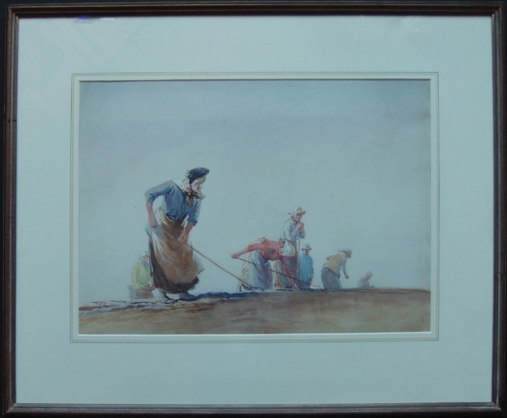 A watercolour painting depicting several farm hands in aprons working in a field under a hazy blue sky. View II
