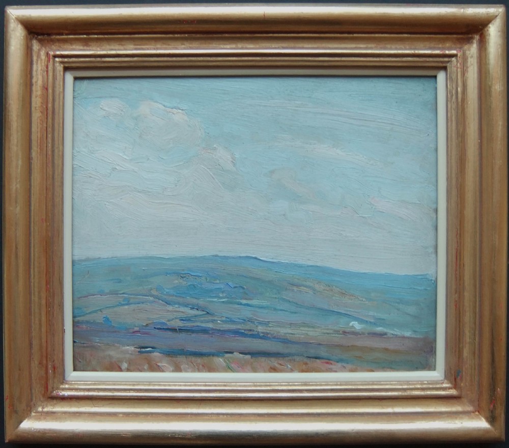 An impressionistic landscape oil painting depicting Danby Moor under an overcast sky with textured brushwork in shades of blue, grey, and ochre. View II