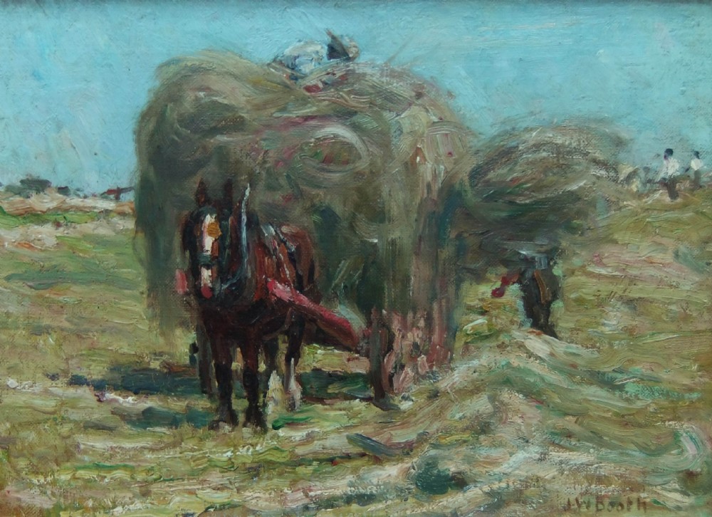 An impressionist oil painting depicting a heavy horse drawing a loaded hay cart in a field, executed with visible brushstrokes in shades of green, ochre, and blue.