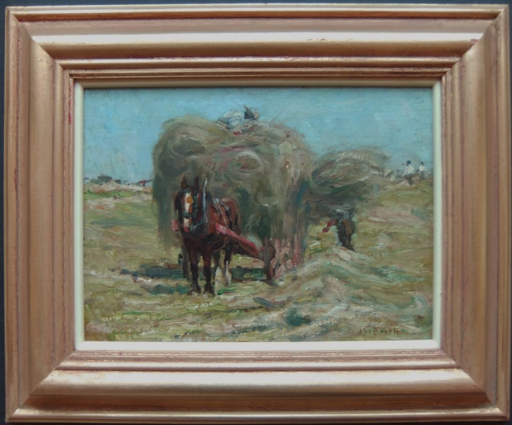 An impressionist oil painting depicting a heavy horse drawing a loaded hay cart in a field, executed with visible brushstrokes in shades of green, ochre, and blue. View II