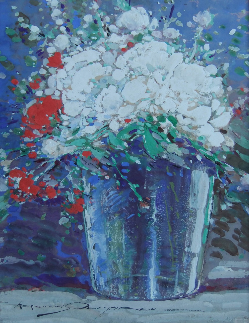 A gouache still life painting depicting white and red flowers in a glass vase set against a deep blue background.