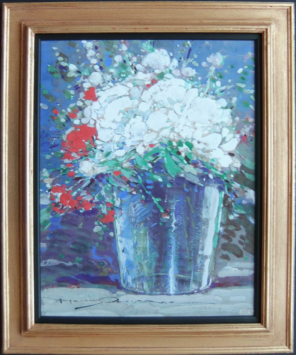 A gouache still life painting depicting white and red flowers in a glass vase set against a deep blue background. View II