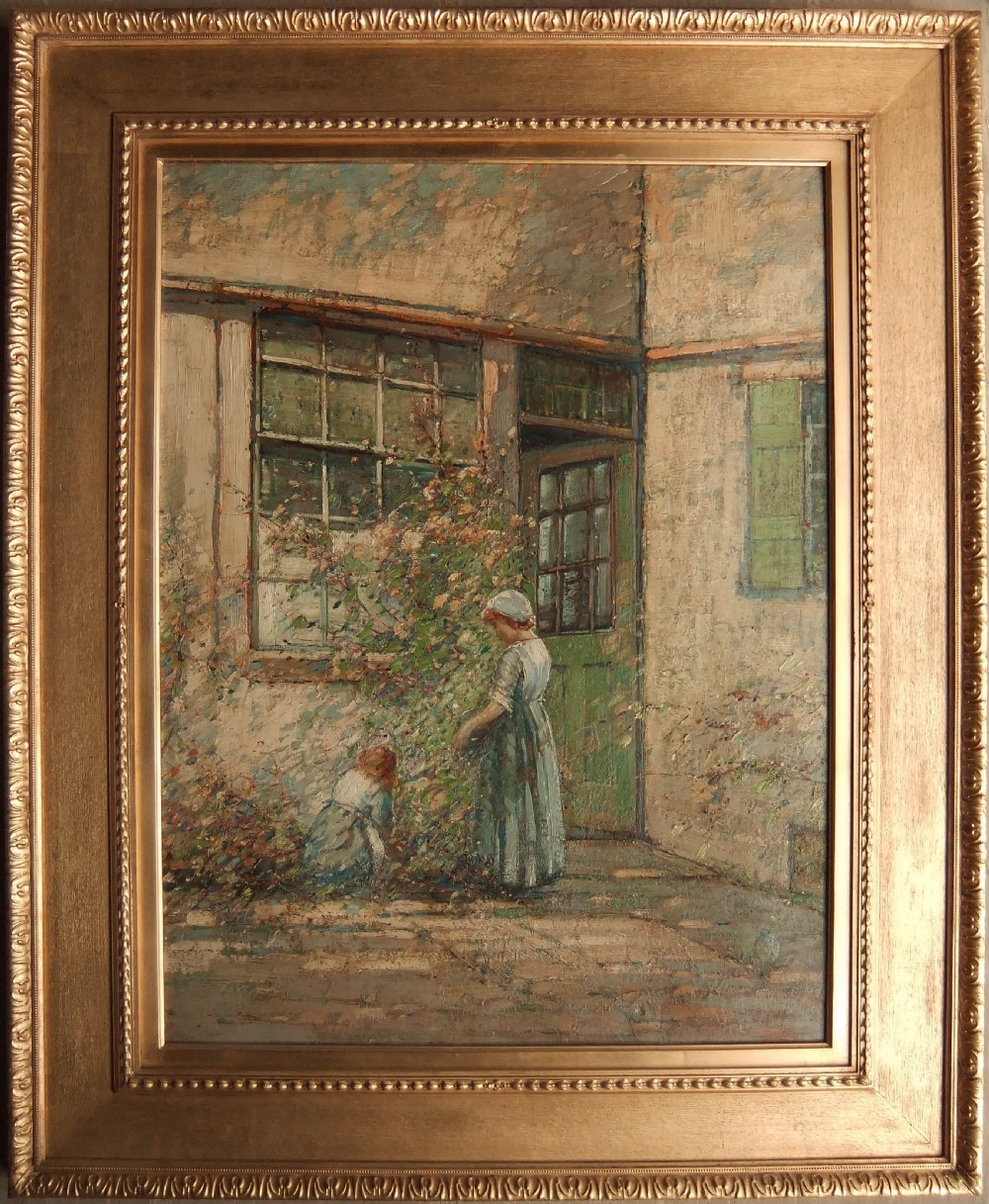An Impressionist oil painting featuring two young children in aprons tending to climbing foliage beside a green cottage door. View II