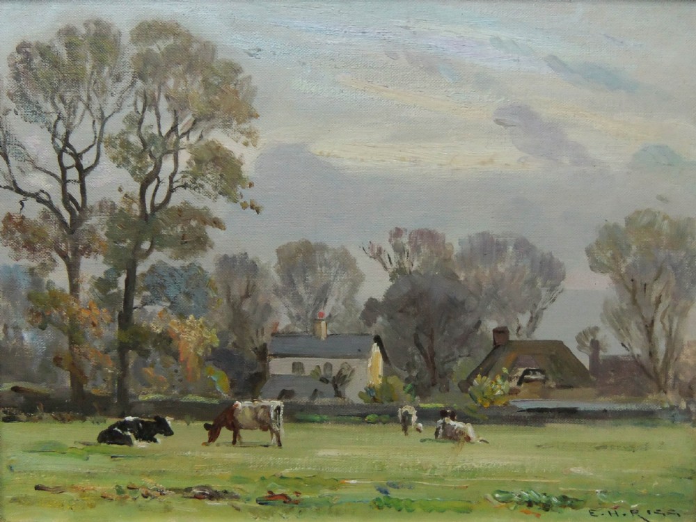 An impressionist oil painting depicting cows grazing in a pale green field with a cottage and bare trees under a cloudy sky.