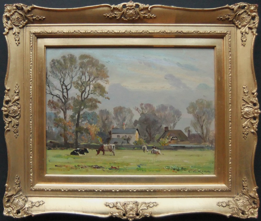 An impressionist oil painting depicting cows grazing in a pale green field with a cottage and bare trees under a cloudy sky. View II