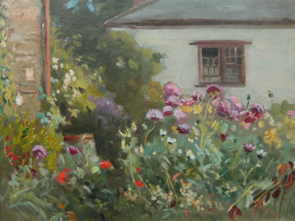 An impressionist oil painting depicting a lush cottage garden filled with pink and purple blooms in front of a whitewashed building.