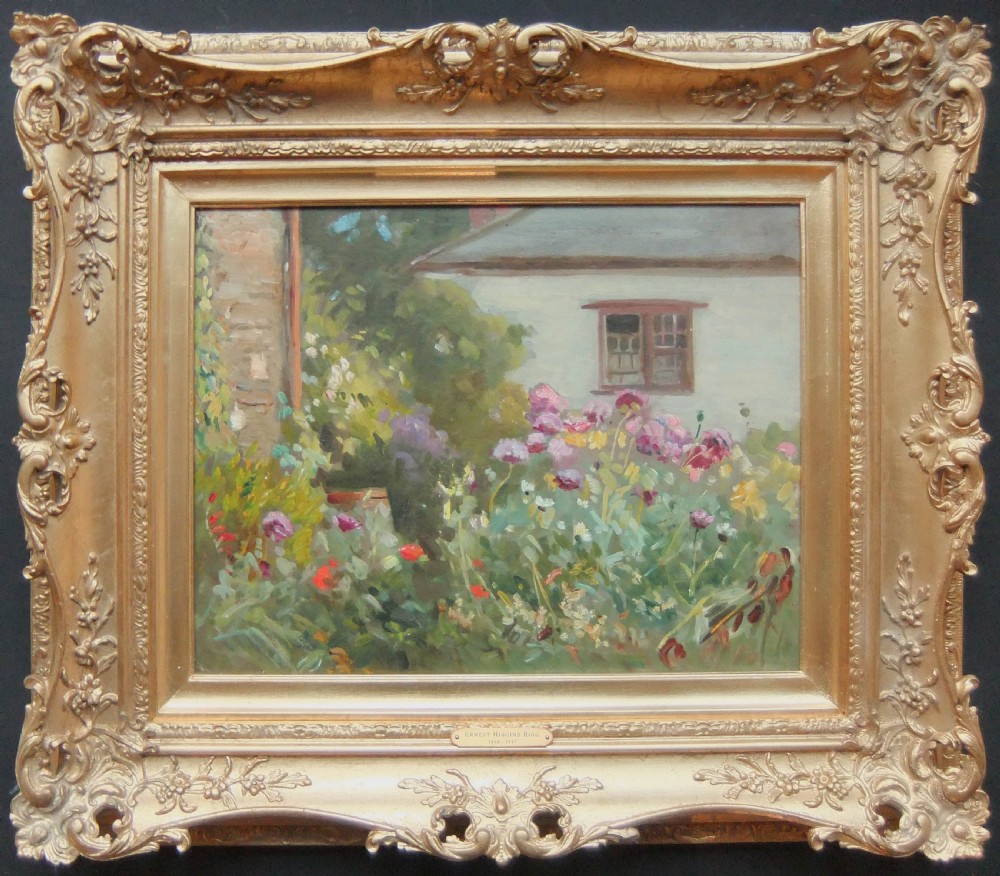 An impressionist oil painting depicting a lush cottage garden filled with pink and purple blooms in front of a whitewashed building. View II