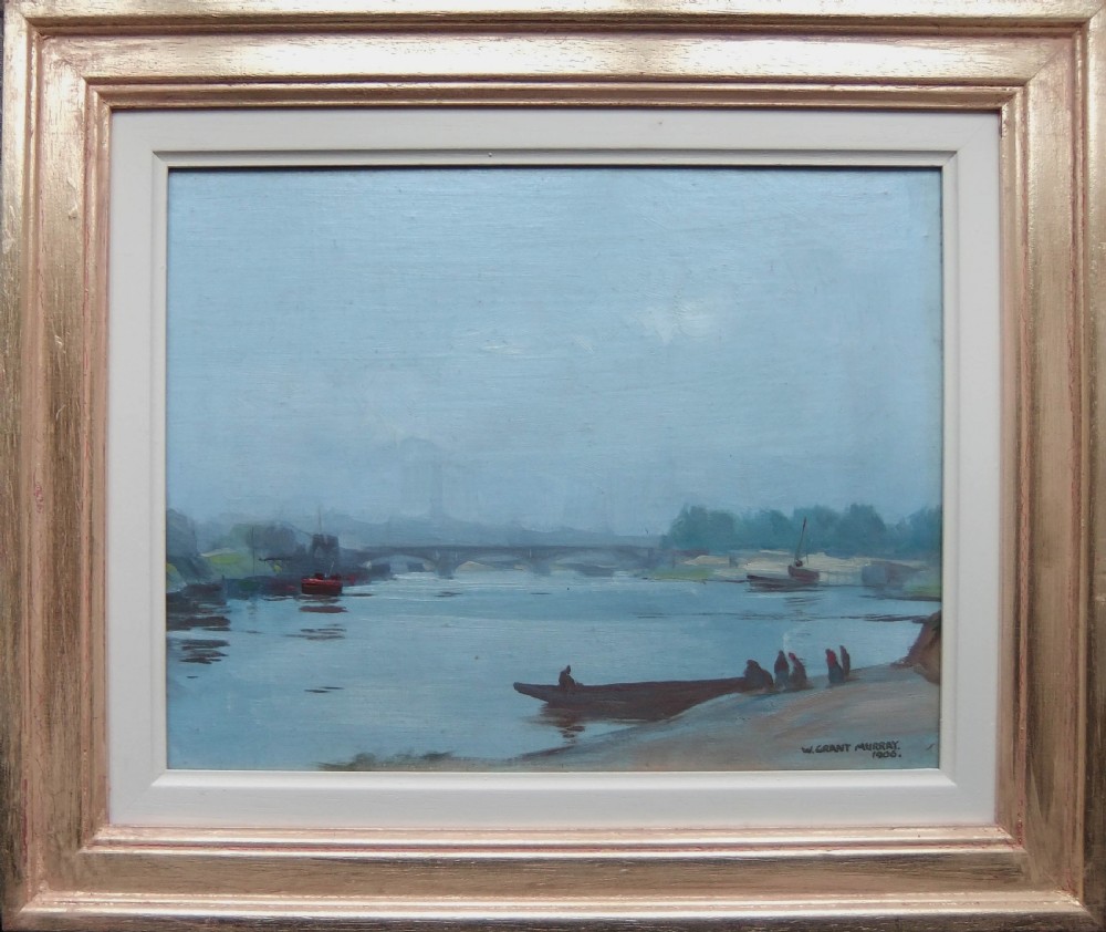 An oil painting depicting a misty river scene with boats, silhouettes of figures on the shore, and a distant arched bridge under a pale blue sky. View II