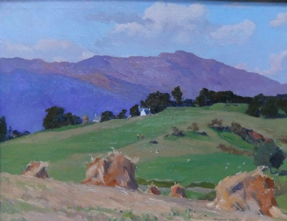 An oil painting depicting rolling green Scottish hills with hay stooks in the foreground and purple mountains beneath a pale blue sky.