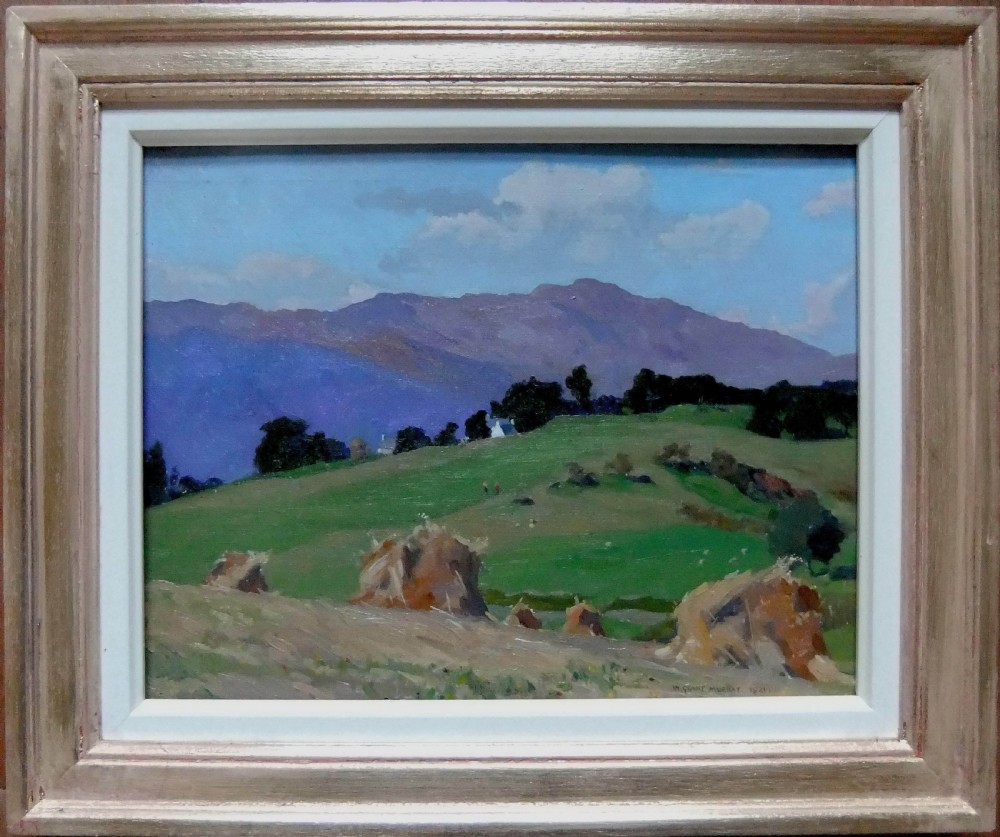 An oil painting depicting rolling green Scottish hills with hay stooks in the foreground and purple mountains beneath a pale blue sky. View II