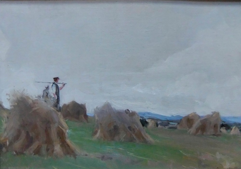 An oil painting depicting a farmer standing amidst haystacks in a green field under a cloudy grey sky with distant hills.