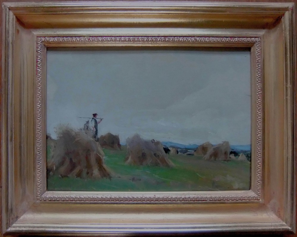 An oil painting depicting a farmer standing amidst haystacks in a green field under a cloudy grey sky with distant hills. View II