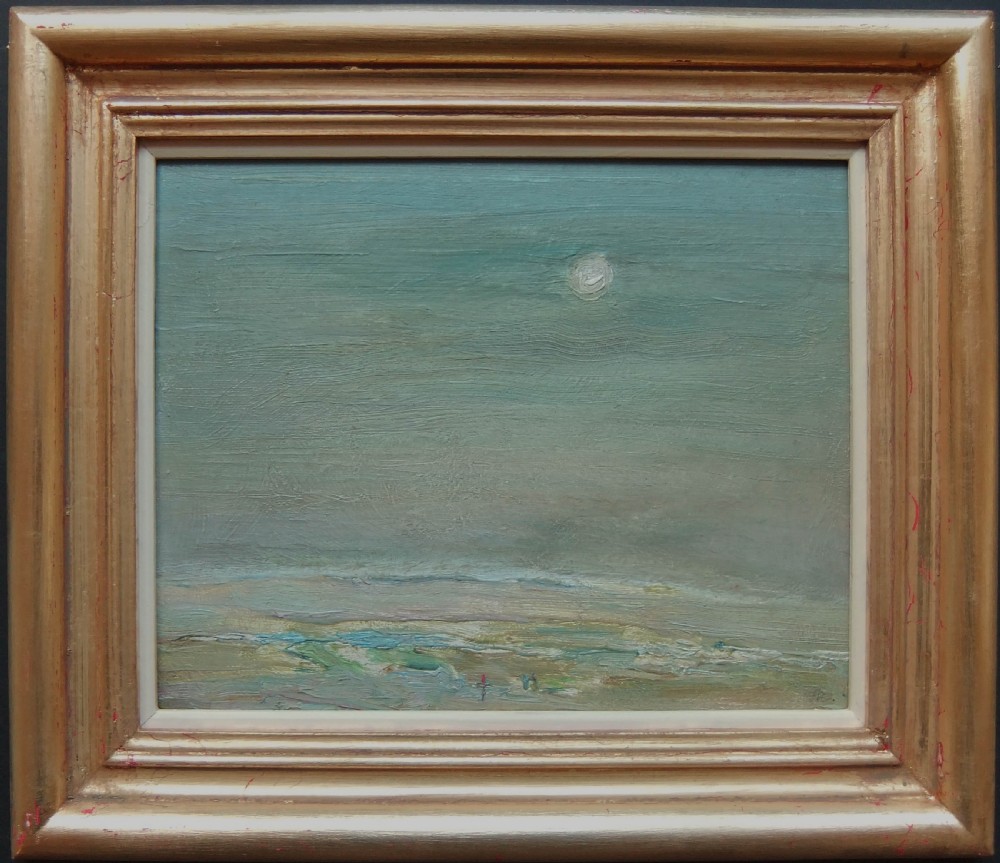 An atmospheric landscape oil painting on wood panel featuring muted grey-green skies and a pale sun enclosed in a moulded gilt frame.