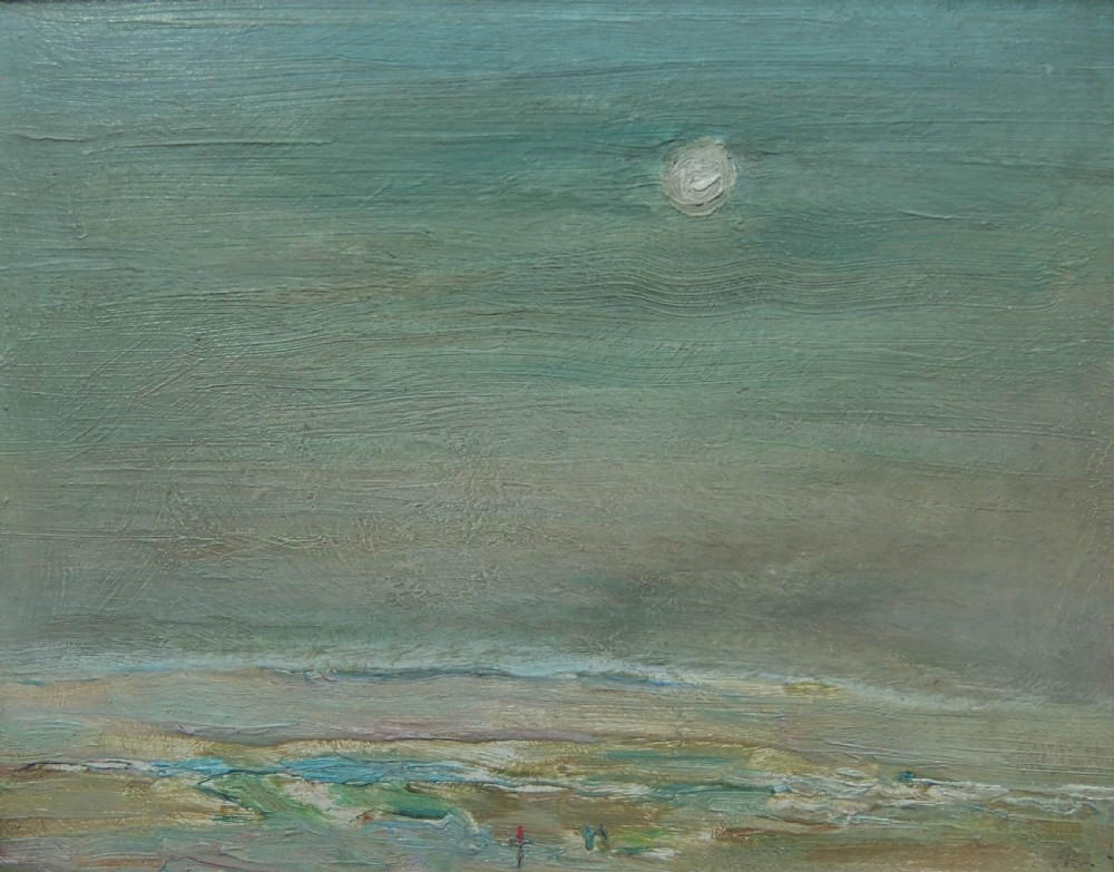An atmospheric landscape oil painting on wood panel featuring muted grey-green skies and a pale sun enclosed in a moulded gilt frame. View II