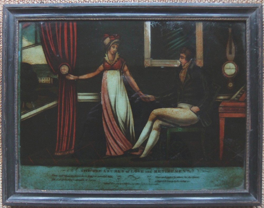 A dark wooden framed reverse mezzotint on glass depicting a Regency couple indoors beside a red curtain with a printed title panel below.