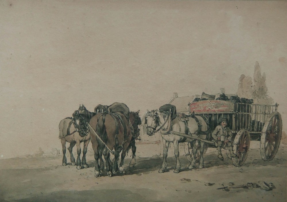 An early 19th-century watercolour painting depicting working draught horses harnessed to a wooden builders cart.