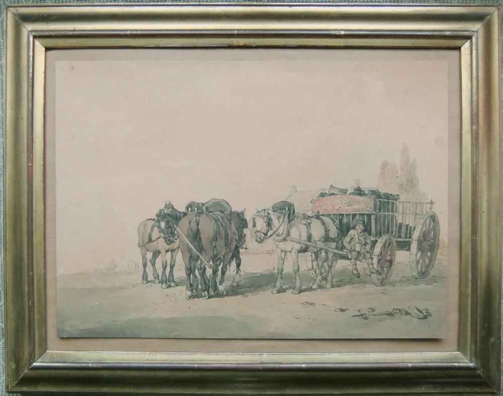 An early 19th-century watercolour painting depicting working draught horses harnessed to a wooden builders cart. View II