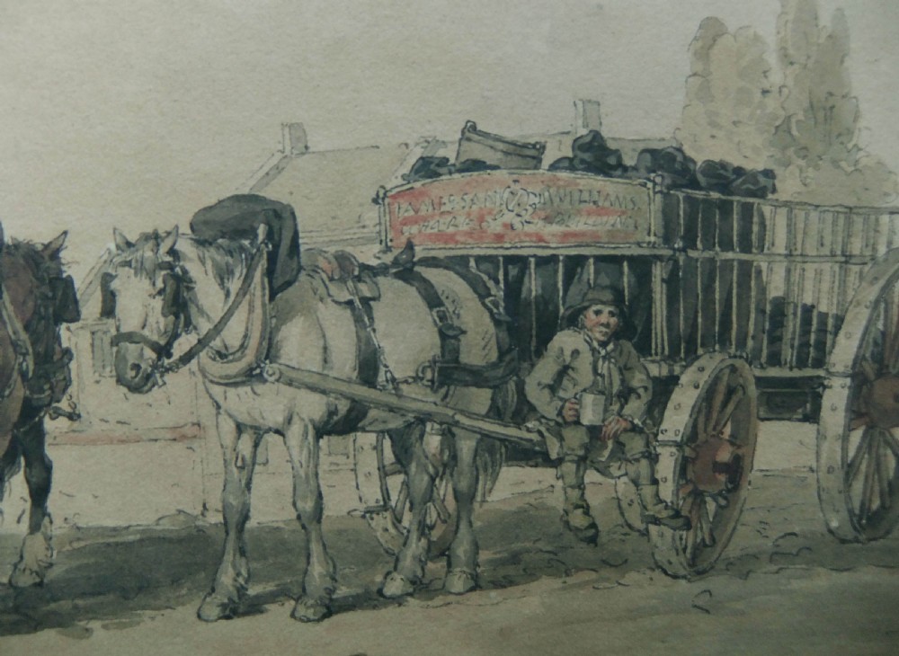 An early 19th-century watercolour painting depicting working draught horses harnessed to a wooden builders cart. View III