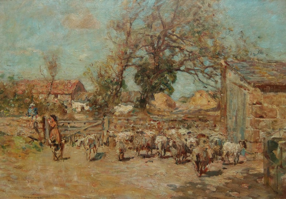 An impressionist oil painting depicting a rural farmyard scene with sheep, figures near a wooden gate, stone buildings, and a pale blue sky.