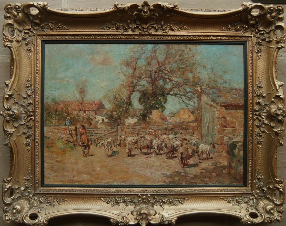 An impressionist oil painting depicting a rural farmyard scene with sheep, figures near a wooden gate, stone buildings, and a pale blue sky. View II