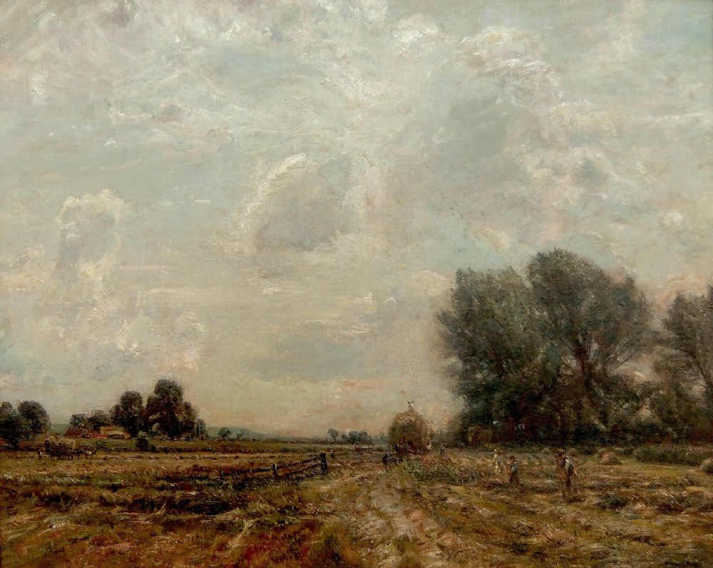 An impressionist oil painting depicting farm labourers gathering hay in an open field under a large cloudy sky.