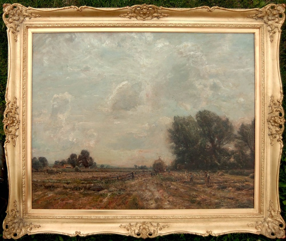 An impressionist oil painting depicting farm labourers gathering hay in an open field under a large cloudy sky. View II
