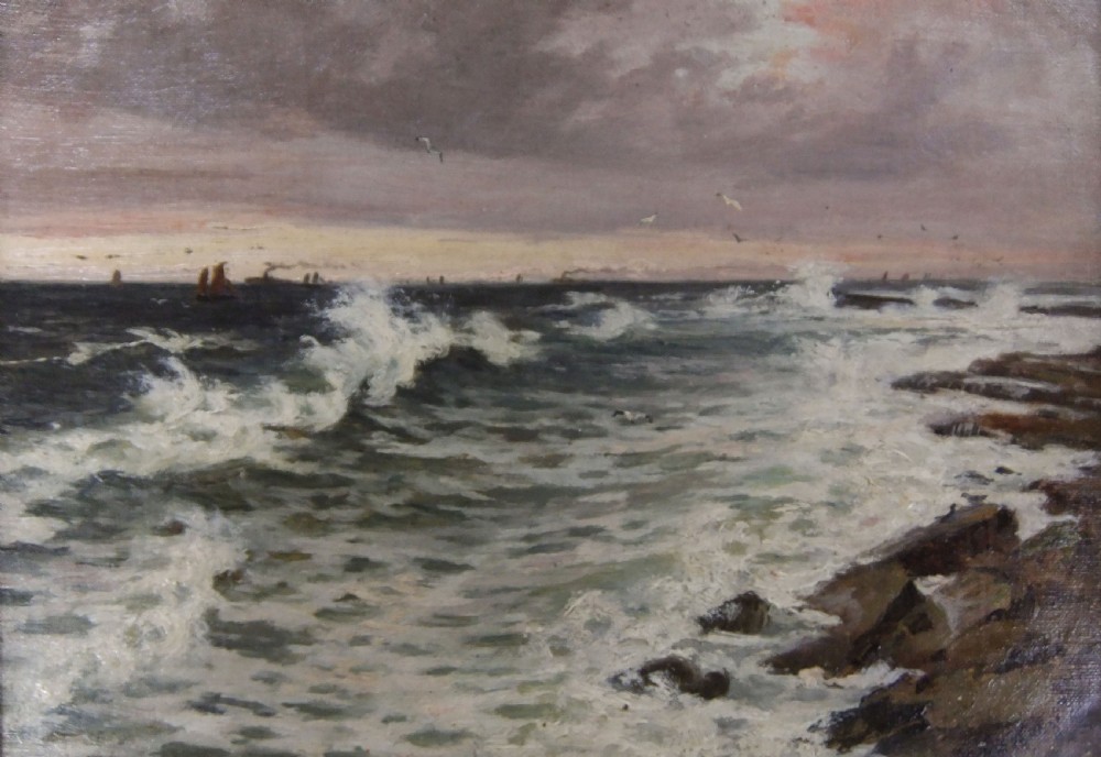 An antique oil painting depicting crashing waves against a rocky shore under an overcast twilight sky.