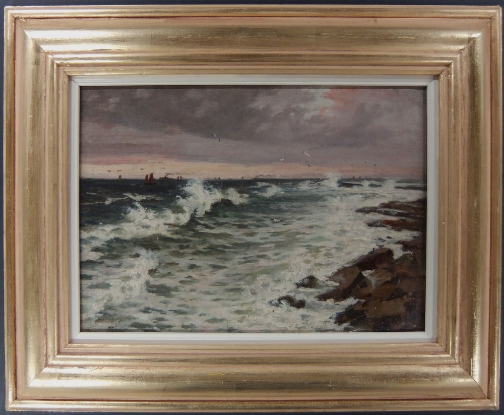 An antique oil painting depicting crashing waves against a rocky shore under an overcast twilight sky. View II