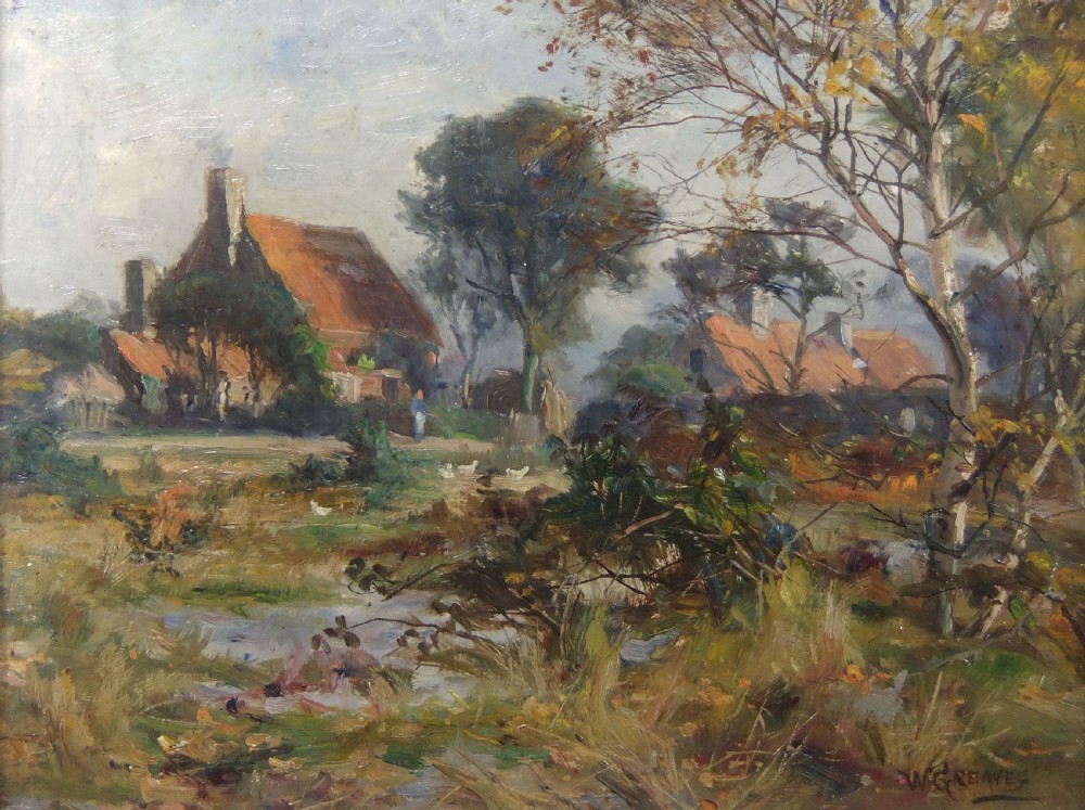 An antique oil painting depicting a rural British landscape with cottages, trees, and figures under an overcast sky.