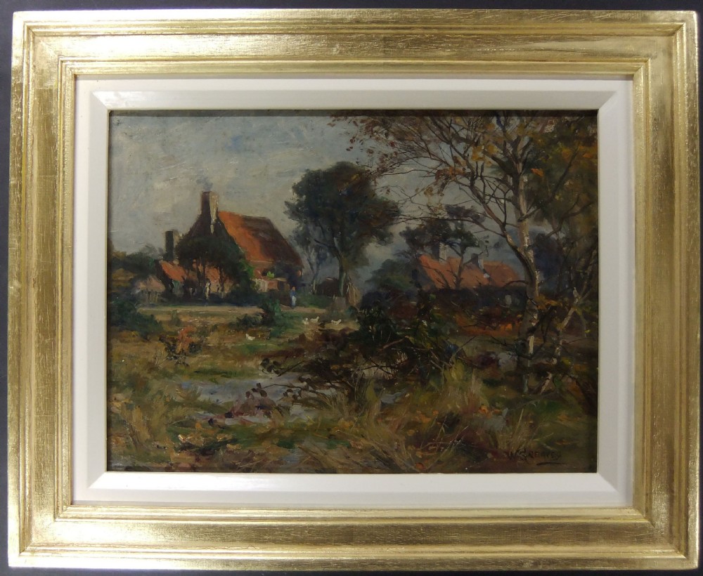 An antique oil painting depicting a rural British landscape with cottages, trees, and figures under an overcast sky. View II