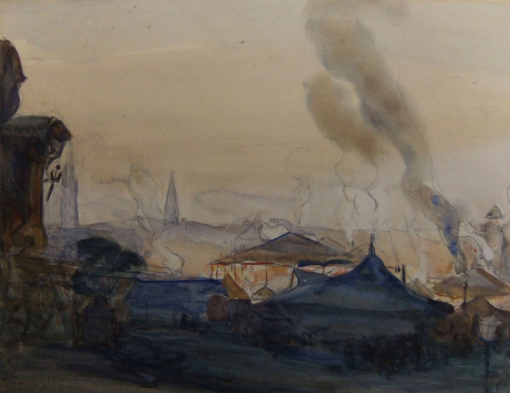 An impressionistic watercolour painting depicting tents, plumes of smoke, and urban spires under a pale sky.