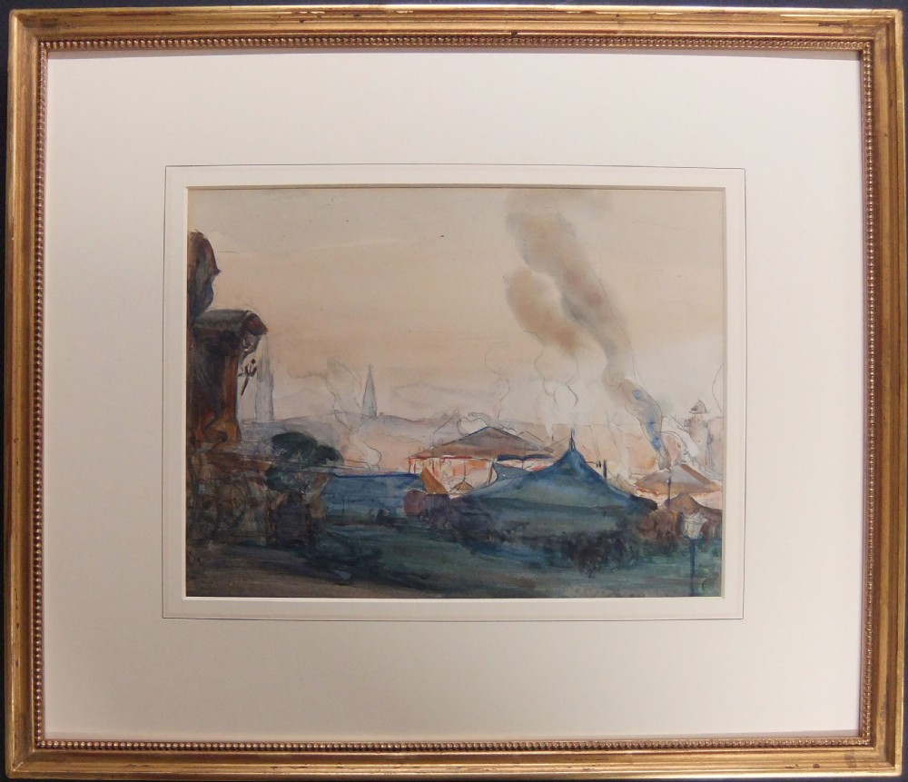 An impressionistic watercolour painting depicting tents, plumes of smoke, and urban spires under a pale sky. View II
