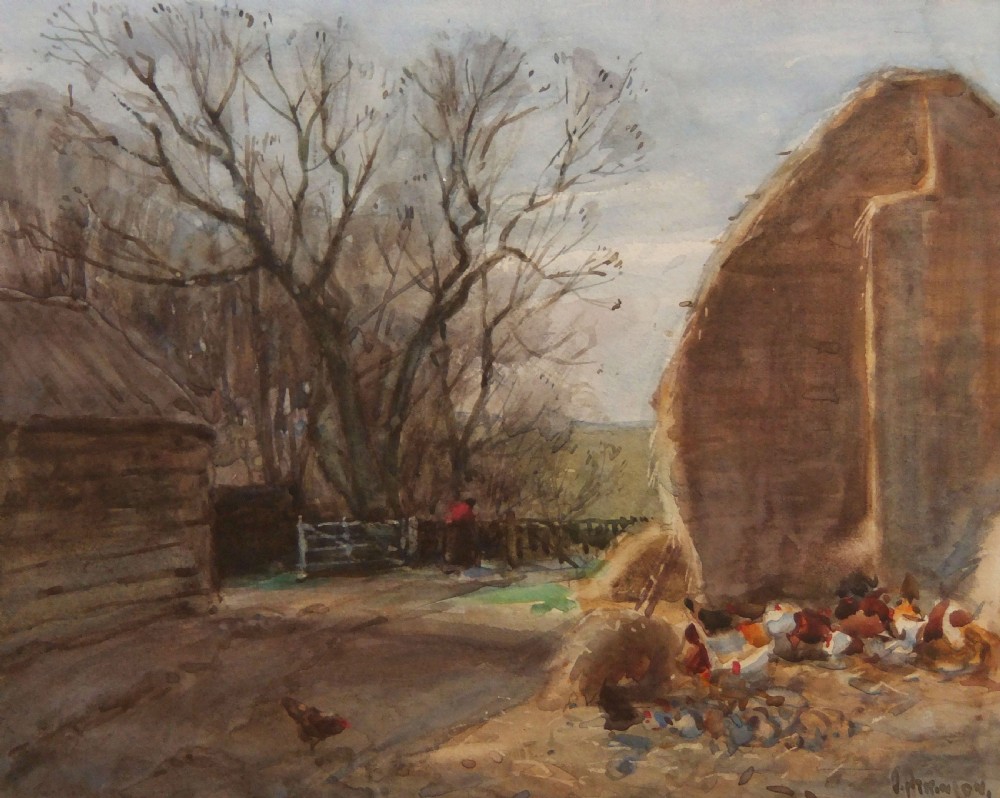A watercolour painting depicting an agricultural farmyard with chickens near a hayrick and bare winter trees under a pale sky.