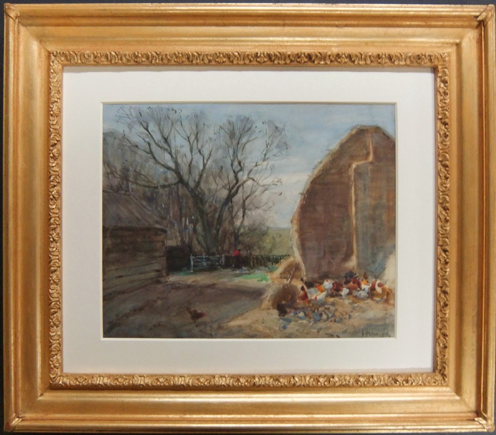 A watercolour painting depicting an agricultural farmyard with chickens near a hayrick and bare winter trees under a pale sky. View II