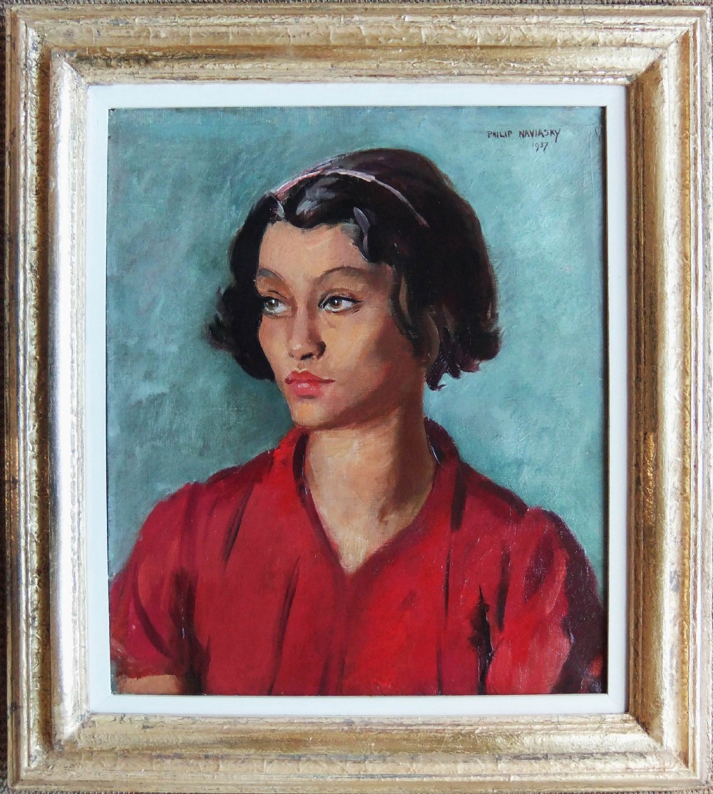 A framed oil painting depicting a young woman with dark short hair wearing a red top against a turquoise background.