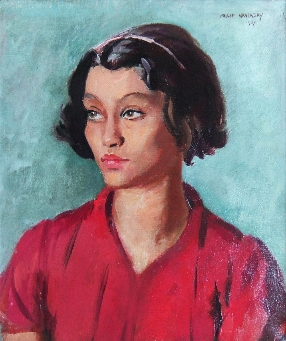 A framed oil painting depicting a young woman with dark short hair wearing a red top against a turquoise background. View IV