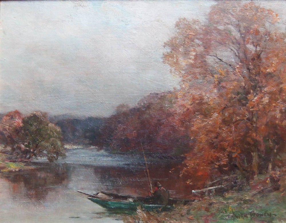 An impressionist oil painting depicting a angler in a small green boat on a river surrounded by trees with rust-brown foliage under an overcast sky.