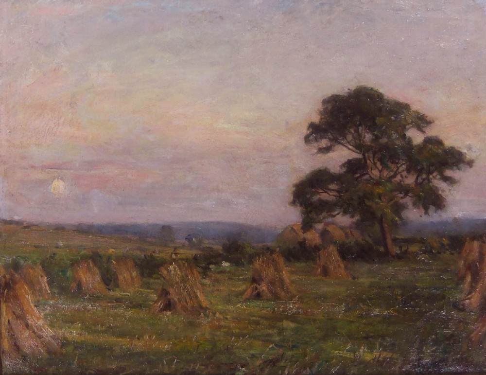 An oil painting depicting hay stooks in a harvested field at twilight under a muted violet sky with a single large tree.