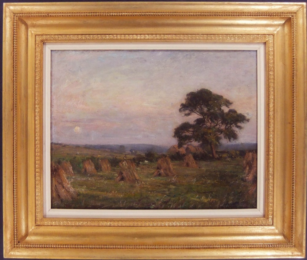 An oil painting depicting hay stooks in a harvested field at twilight under a muted violet sky with a single large tree. View II